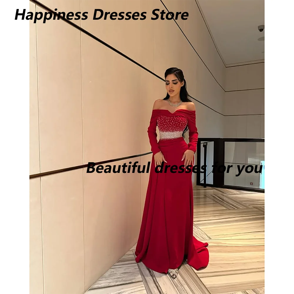 Robes de soirée rouges pour femmes, manches longues, épaules dénudées, longueur au sol, robes de bal sirène personnalisées