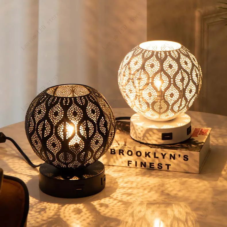 

AC Powered Lantern with Dual USB Charger Patterned Hollowed-out Night Light Creative Desk Light for Bedroom Canteen Living Room