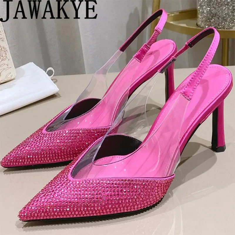 

Women Party Shoes Designer High Quality Crystal Slingbacks High Heel Shoes Summer Sexy Pointed Toe Wedding Shoes Women