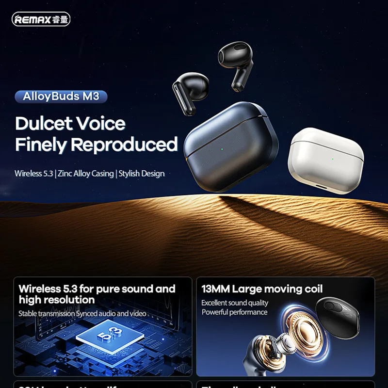 Remax Zinc Alloy True Wireless Stereo Earbuds Earphone For Music & Call Bluetooth 5.3 Headphone AlloyBuds M3