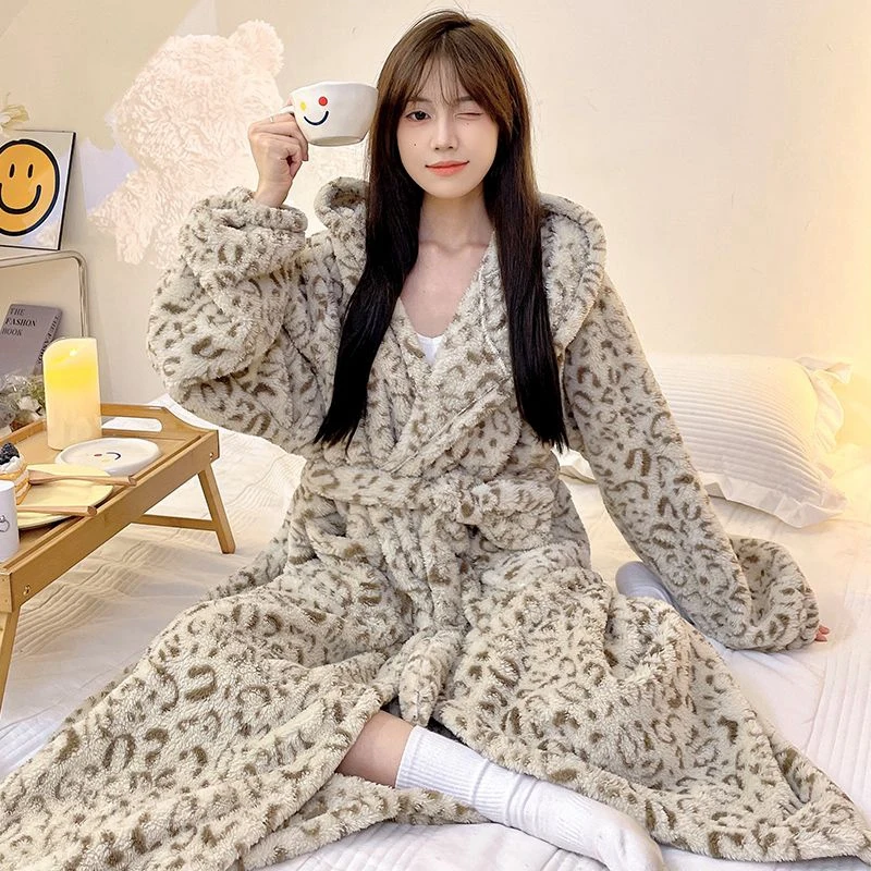 2024 Winter Lange Mouw Capuchon Dikke Warme Flanel Kimono Gewaden Voor Vrouwen Casual Plaid Badjassen Nachtkleding Nachthemd Nacht Jurk