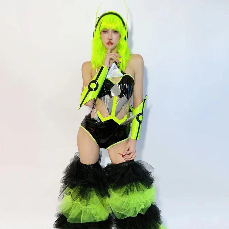 Fluorescent Colors Bodysuit Cake Legs Cover Tech Style Cosplay Rave Outfit Women Gogo Costume Stage Performance Wear XS7495