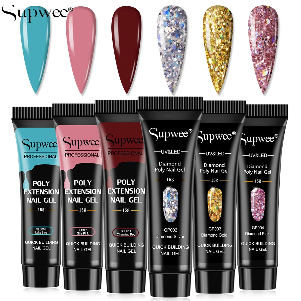 

SUPWEE 6pcs Glitter Poly Nail Gel Kit 15ML Gel Extension Acrylic Building Hybrid UV Gel Varnish Semi Permanent All For Manicure