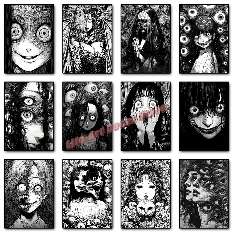 Black and White Terror Panic Eyes Anime Girl Canvas Painting Thriller Horror Dark Comics Poster Wall Art Prints Home Room Decor