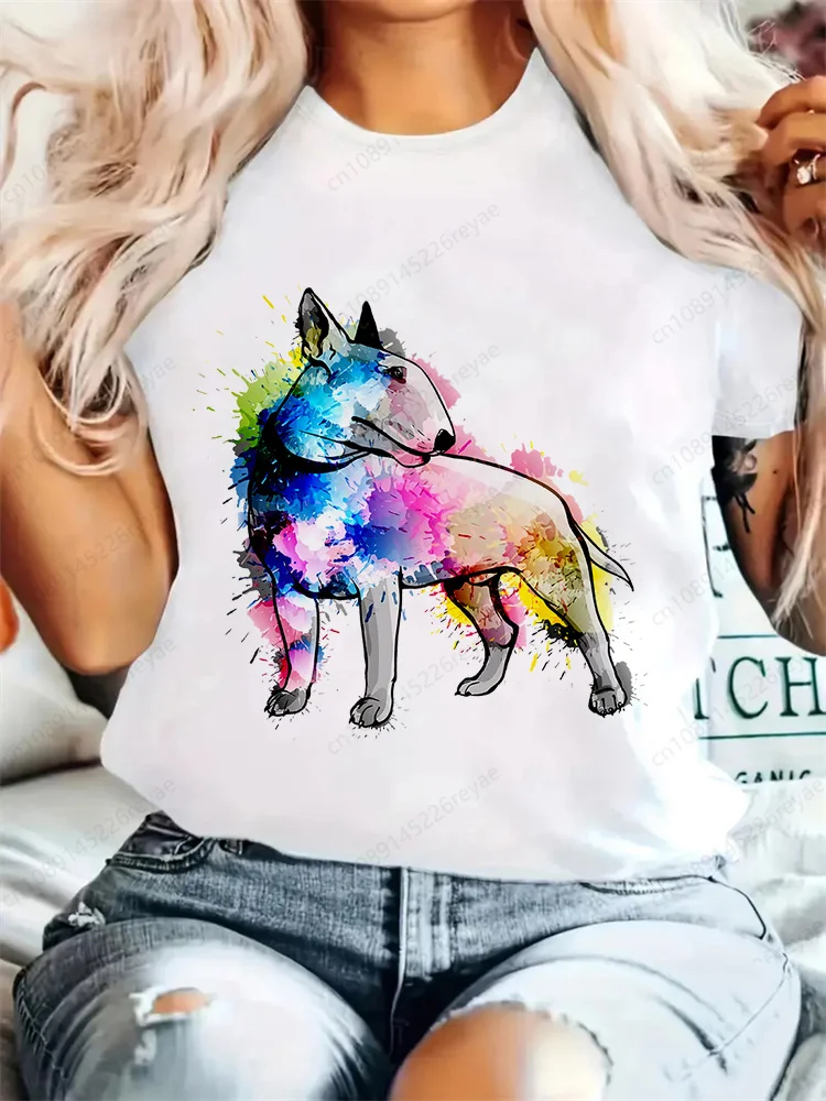 レディースTシャツ ブルテリアプリント クルーネックTシャツ ヴィンテージTシャツ 女性用Tシャツ Y2Kトップ 半袖トップ カジュアルTシャツ