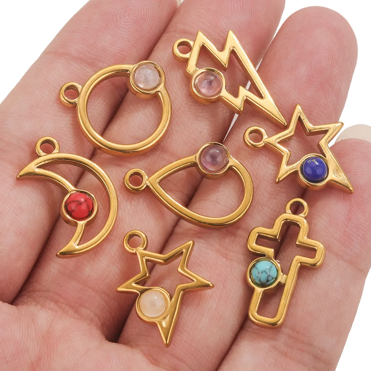 5 Stuks Van Roestvrij Staal Geometrische Waterdichte Pvdgold Plated Charm Set Natuursteen Pendantdiyarmband Ketting Oorbellen Sieraden