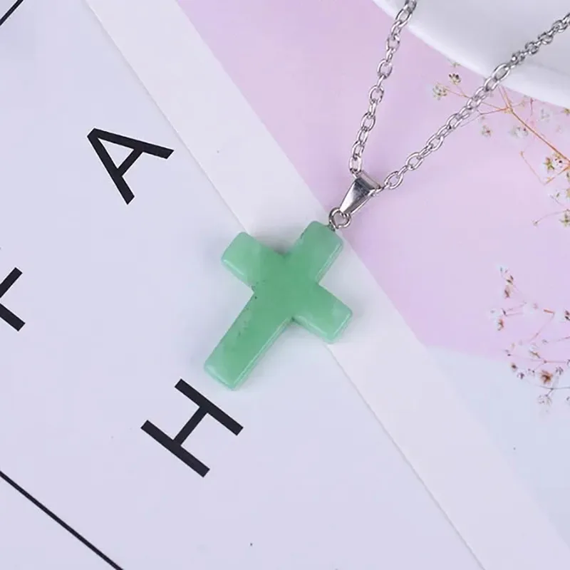 Colorful Cross Gemstone Necklace Opal Crystal Tiger Eye Quartz Pendant Natural Amethyst Agate Pendant Real Stone Necklaces