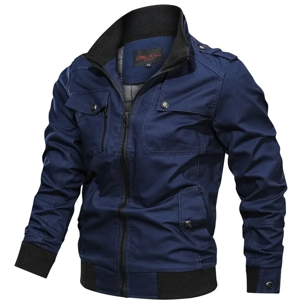 Casual Solid Color Jacket Zipper Pocket Stand Collar Large Coat Men\'s Pure Cotton Thin Autumn Top Outdoor Jackets