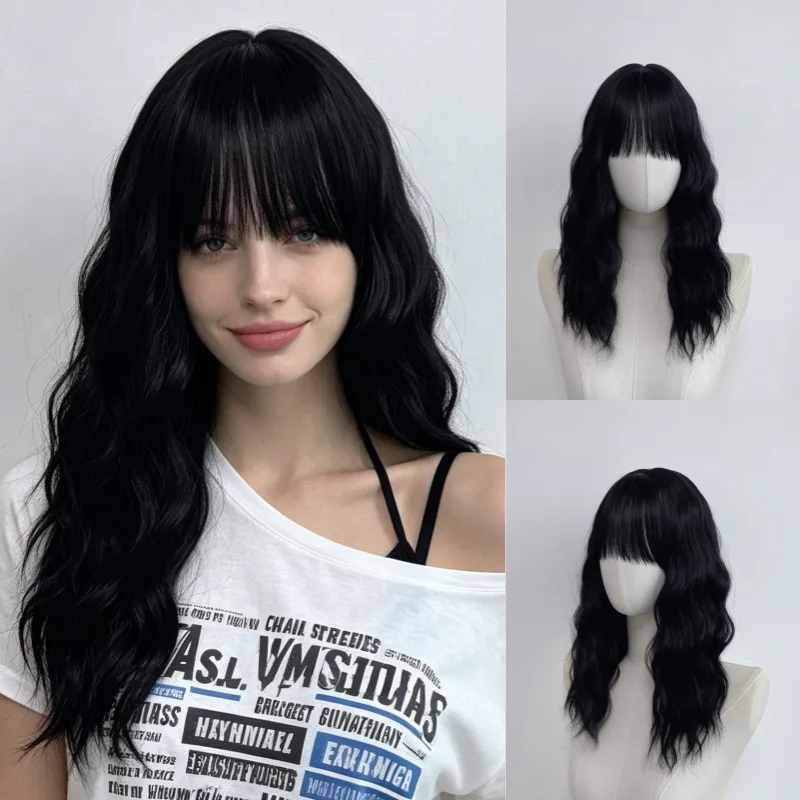 Fashionable Black Air Bangs Long Curly Hair Women'S Wig Outdoor Travel Simulation Matte Silk Head-Mounted Synthetic Wig Headgear
