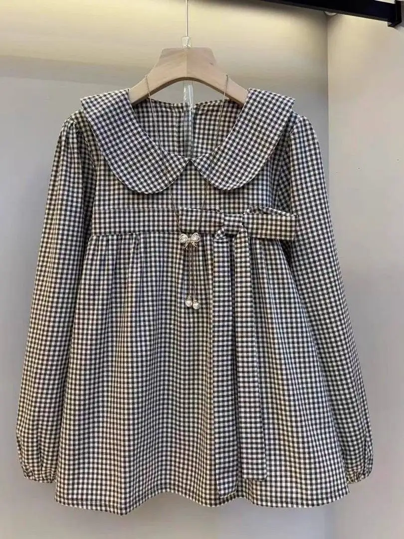 plus Size Shirt Artistic Style Long Sleeve  Knot Plaid Top Slimming High End Brand Casual Wear for Women