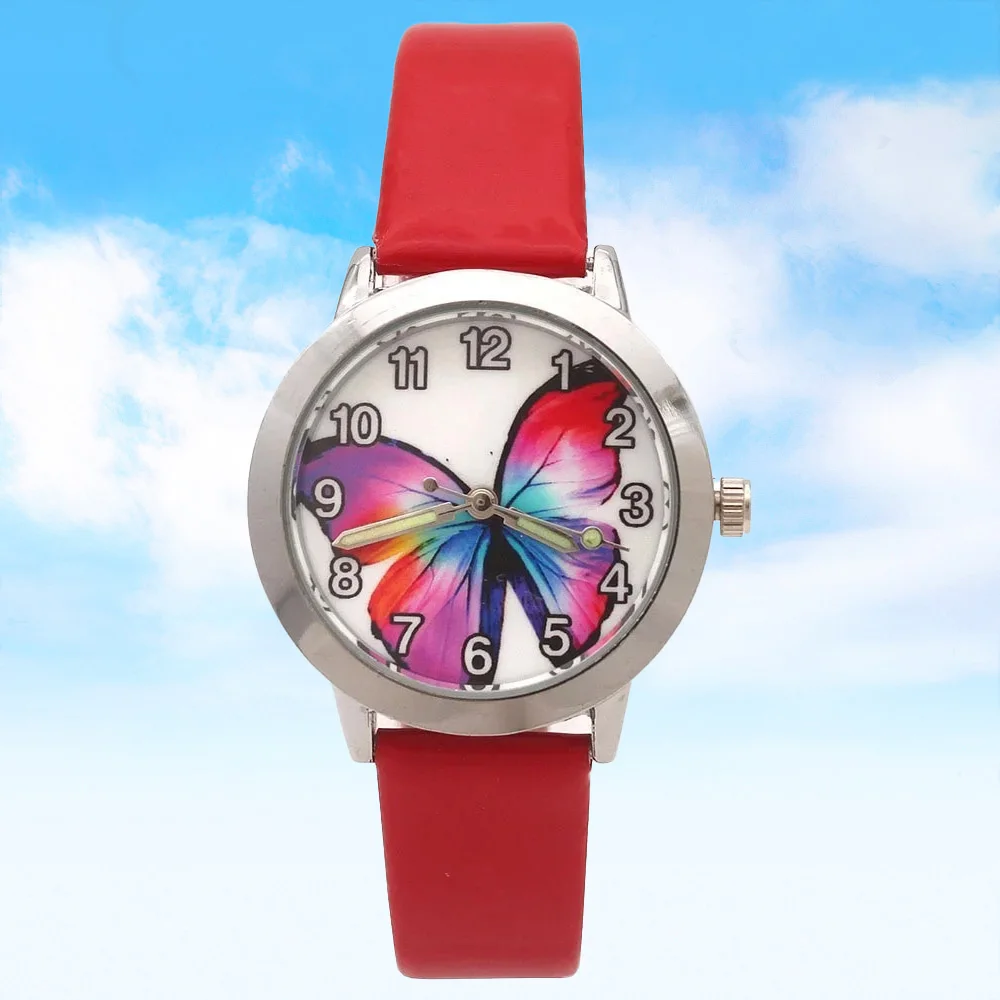 Cartoon Butterfly Leather Quartz Watch Stylish Fashionable Wristwatch for Children Students & Females Timepiece
