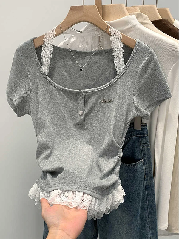 스파이시 걸 레이스 패치워크 오르트 스페이 티셔츠 여성 여름 네이징 벨트 디자인 슬리밍 탑 한국 스타일 출퇴근룩