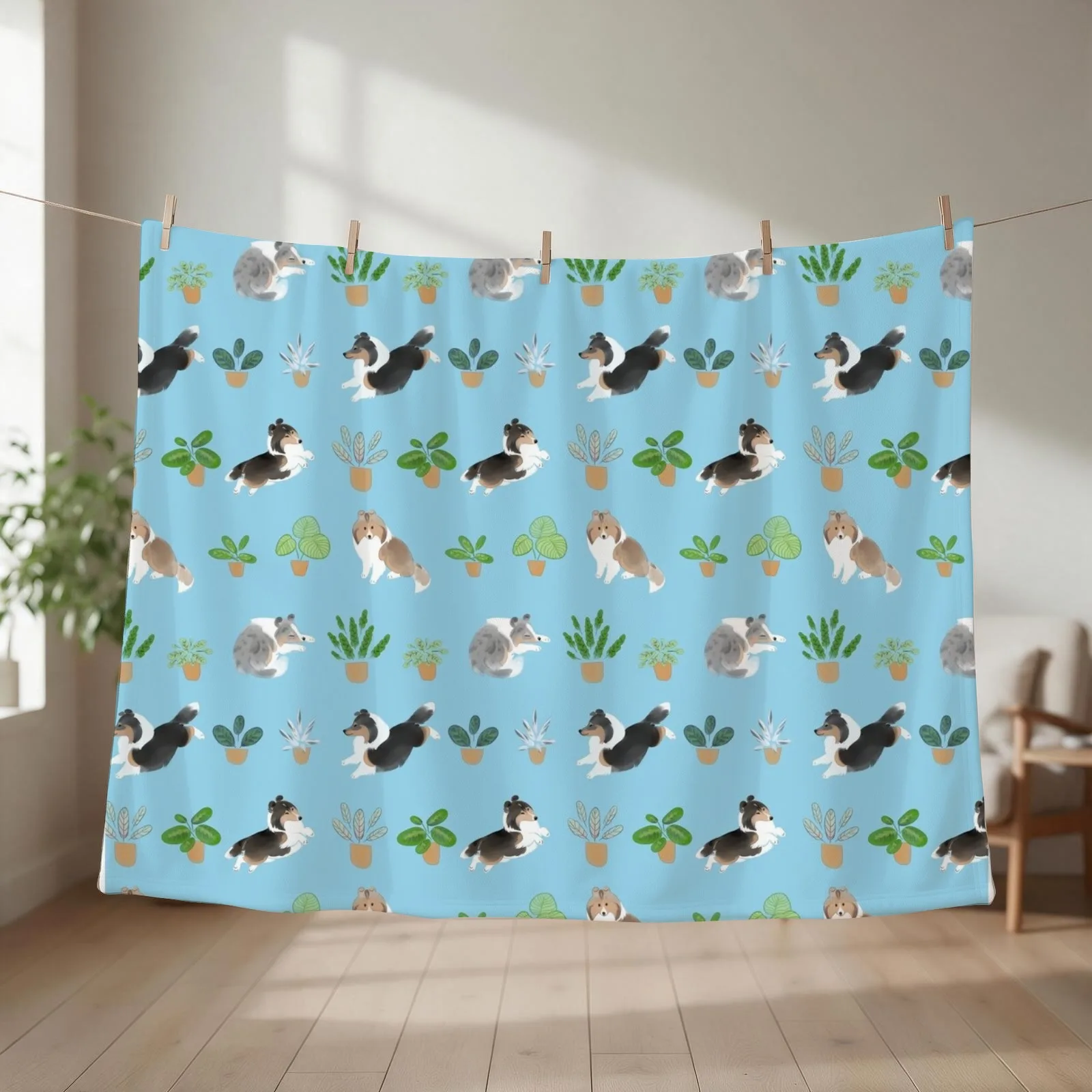 Shelties & Calathea on Blue Throw Blanket couch cozy soft plush fuzzy picnic outdoor blanket