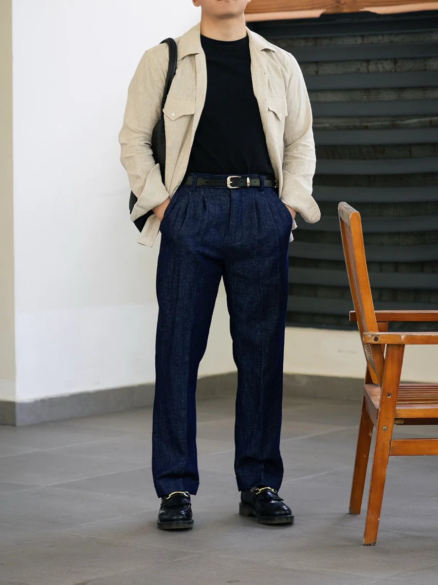 Men's Italian-Style Casual Trousers with Elastic Waist｜Washed Denim Blue Cotton-Linen｜Cropped Straight-Leg Customizable Elevated