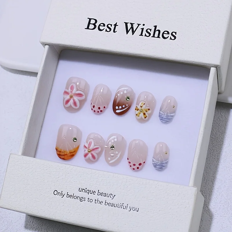 

10pcs Handmade Press on Nails Stereo Pinch Flowers 3D French Island Holiday Fake Nail for Women&Girl Removable Wearable Nail