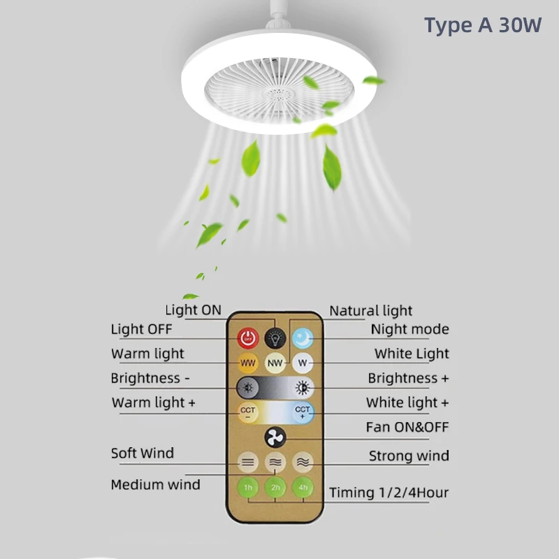 Imagem -06 - Ventilador de Teto com Controle Remoto Leve Luz Silenciosa Inteligente Lâmpada de Ventilador Elertric Regulável Base de Conversor Modos de Velocidades 24w 30w E27