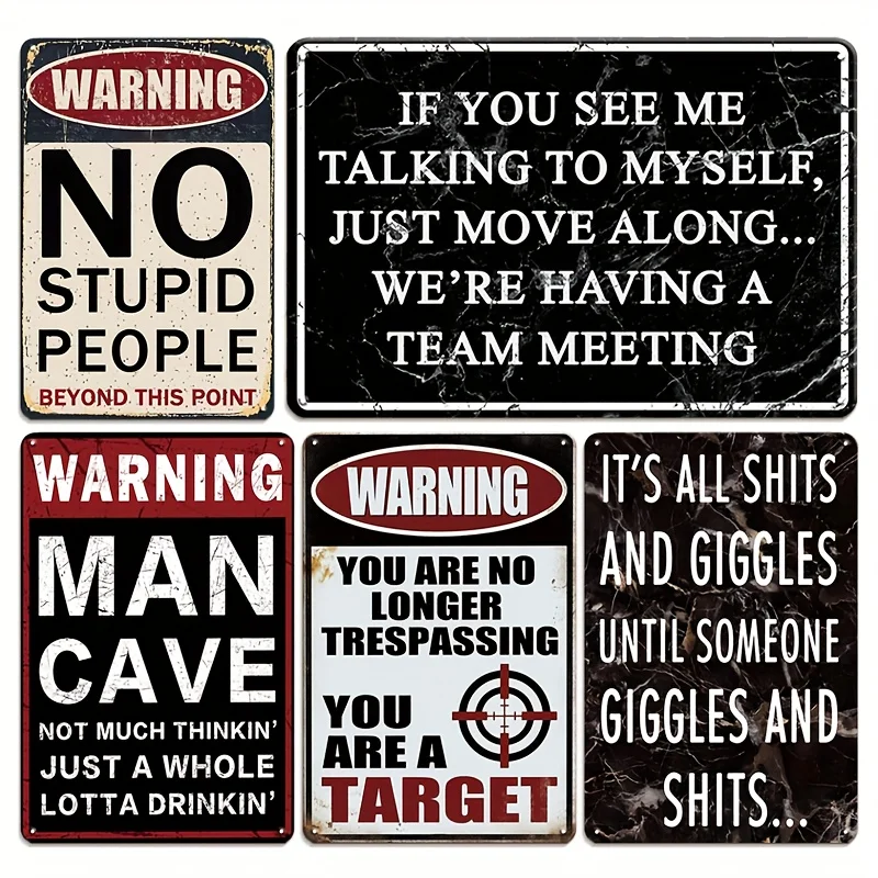 Retro Distressed Funny Warning Metal Tin Sign 8x12 in,5Pcs 2D Flat Man Cave Humor Quote Iron Plaque Garage Bar Wall Decor