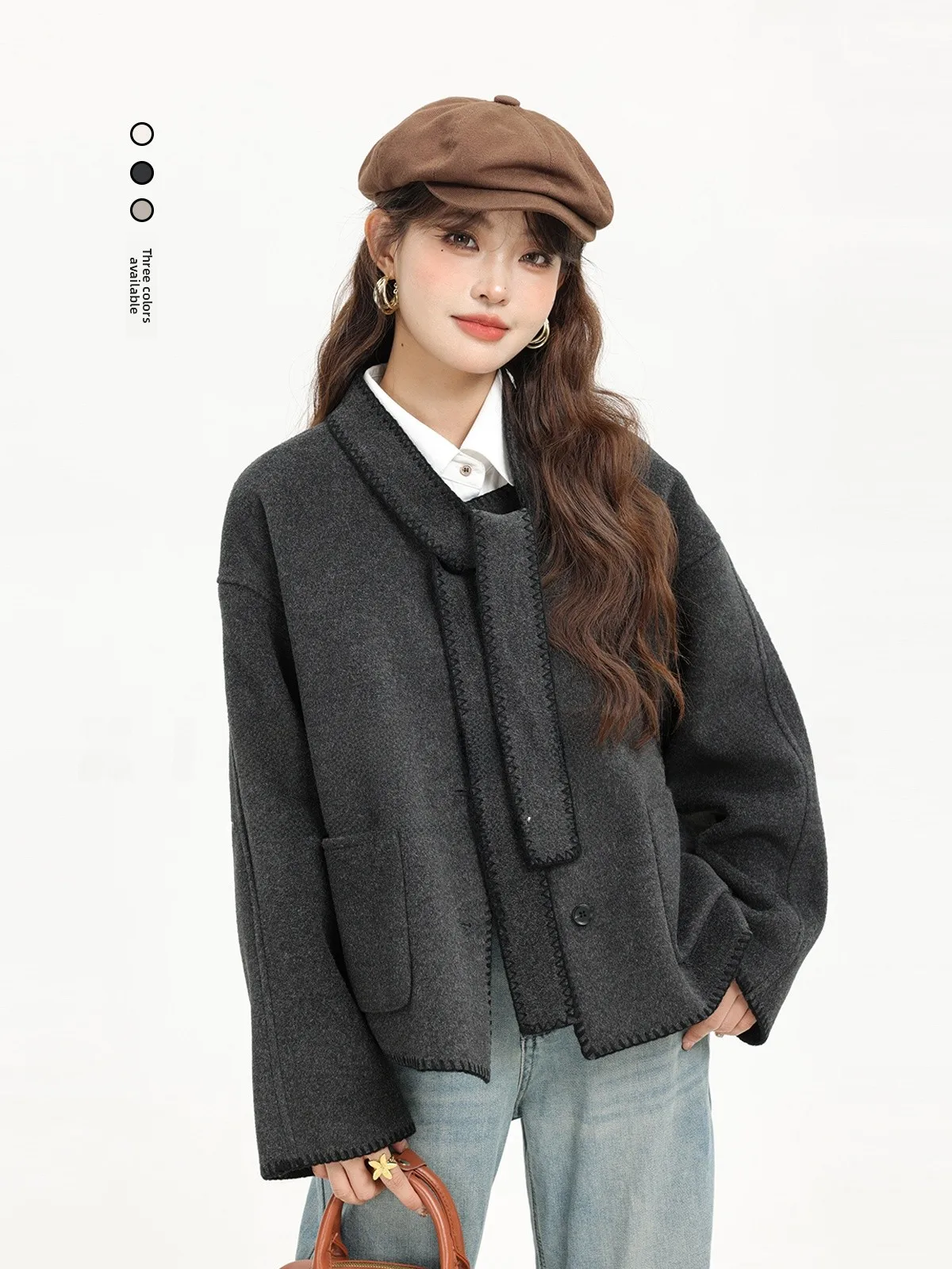 

ay Camere Woolen Coat Korean Sle Autumn Winter New Arrival Slimming Vintage High Quali Faionable ort Length Jaet
