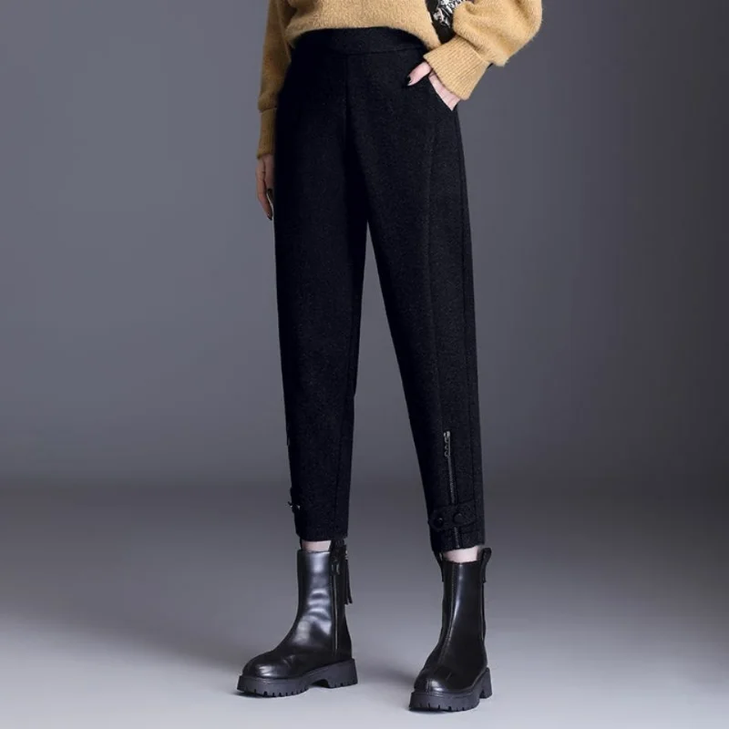 ファッションウールジッパーペンシルパンツ秋冬韓国女性スリム厚みのある多用途弾性ウエスト固体暖かいズボン 2026 ZT366