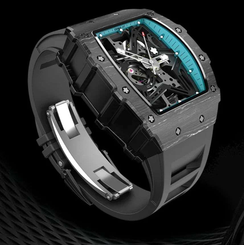 CRONUSART Orologio automatico da uomo Tonneau Cassa in fibra di carbonio Orologio da polso meccanico Quadrante luminoso scavato Cinturino in gomma fluorurata