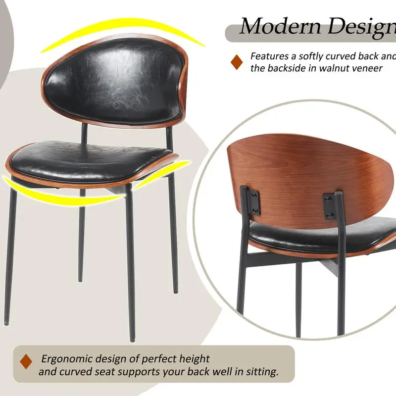 كراسي تناول الطعام الحديثة في منتصف القرن - مجموعة من 2، تصميم Bentwood مستوحى من الإيطاليا، أرجل معدنية غير لامعة، جلوس من جلد البولي يوريثان الفاخر