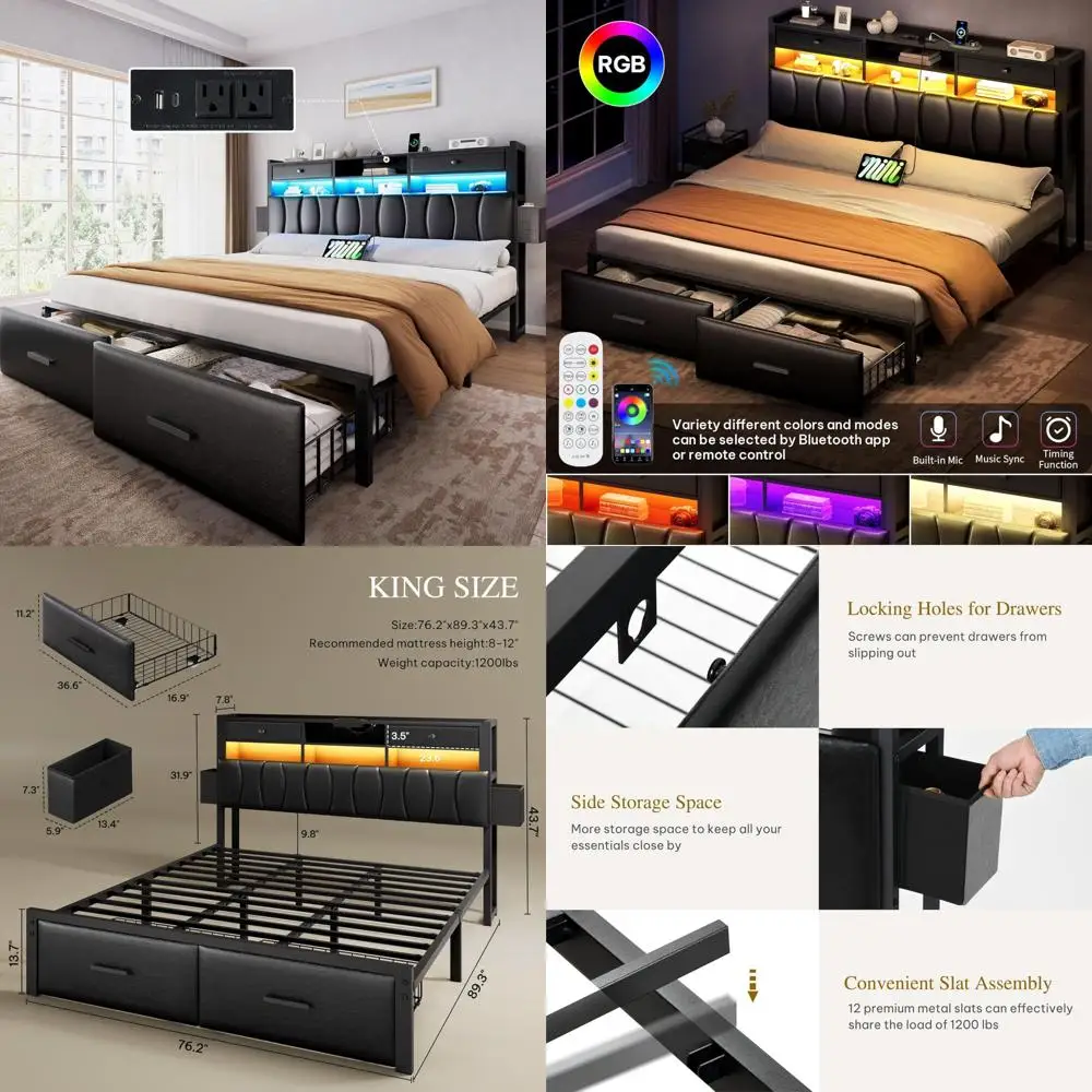king size upholstered bed frame with storage drawers and charging station, platform bed with storage headboard