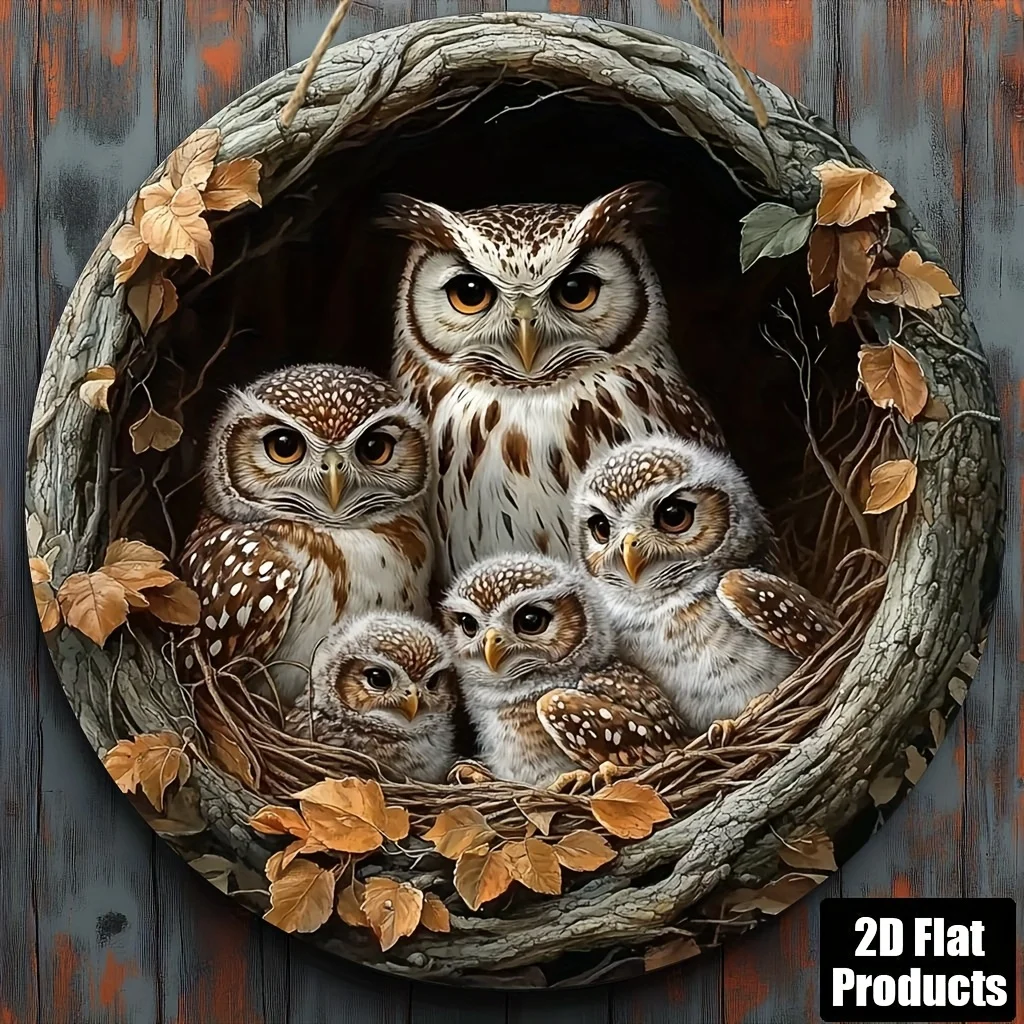 2D Flat, 1pc Vintage-Style 8x8 Inch Round Wooden Wall Art - Owl Family Decor with 3 Adult Owls and 4 Young Owls in a Nest, Perfe