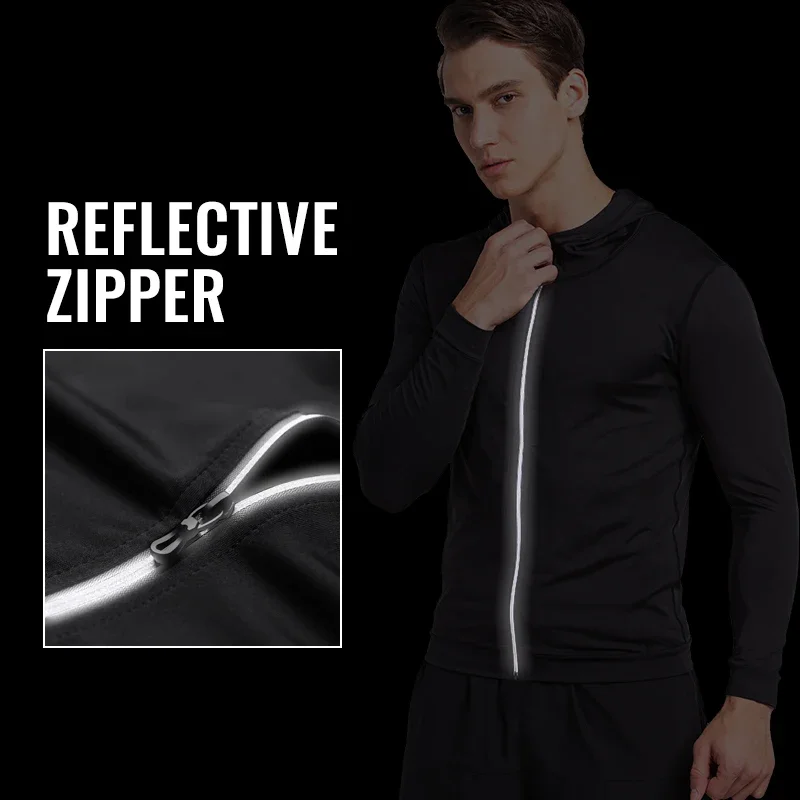 Running Jacket Men Reflective Full Zipper Long Sleeve Hooded Sportswear for Male Gym Clothing Fitness Basketball Quick Dry Top