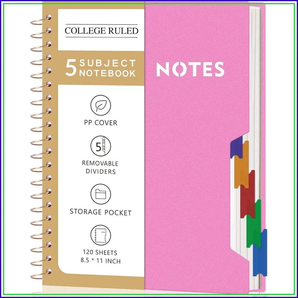 5 Subject Spiral Notebook 8.5x11, College Ruled, 240 Pages, Removable Dividers, Pink