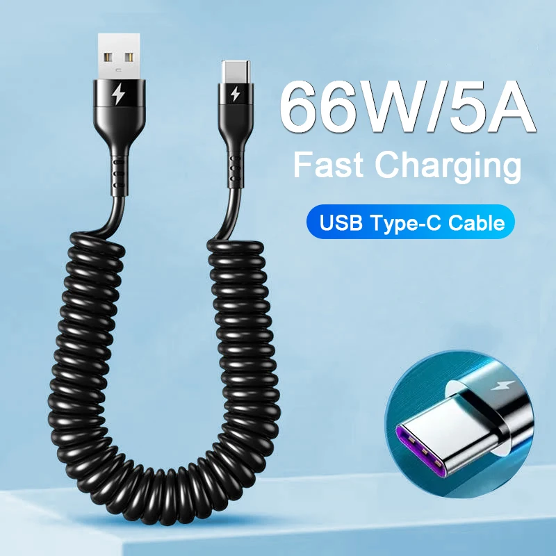 66W USB Type C Fast Charging Cable For Xiaomi Redmi POCO Huawei Honor 5A Spring Telescopic Car Charger Cable