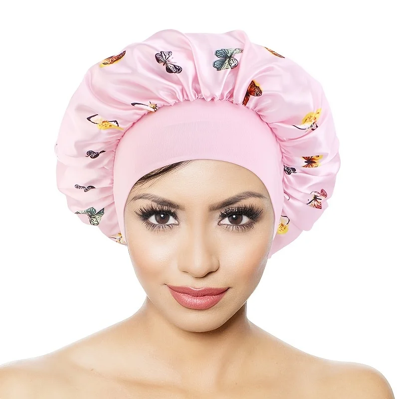 1pc Butterfly Printed Bonnet Elastic Bandanas Night Sleep Cap Women's Hair Care Turban Headwrap Bathroom Shower Headwear