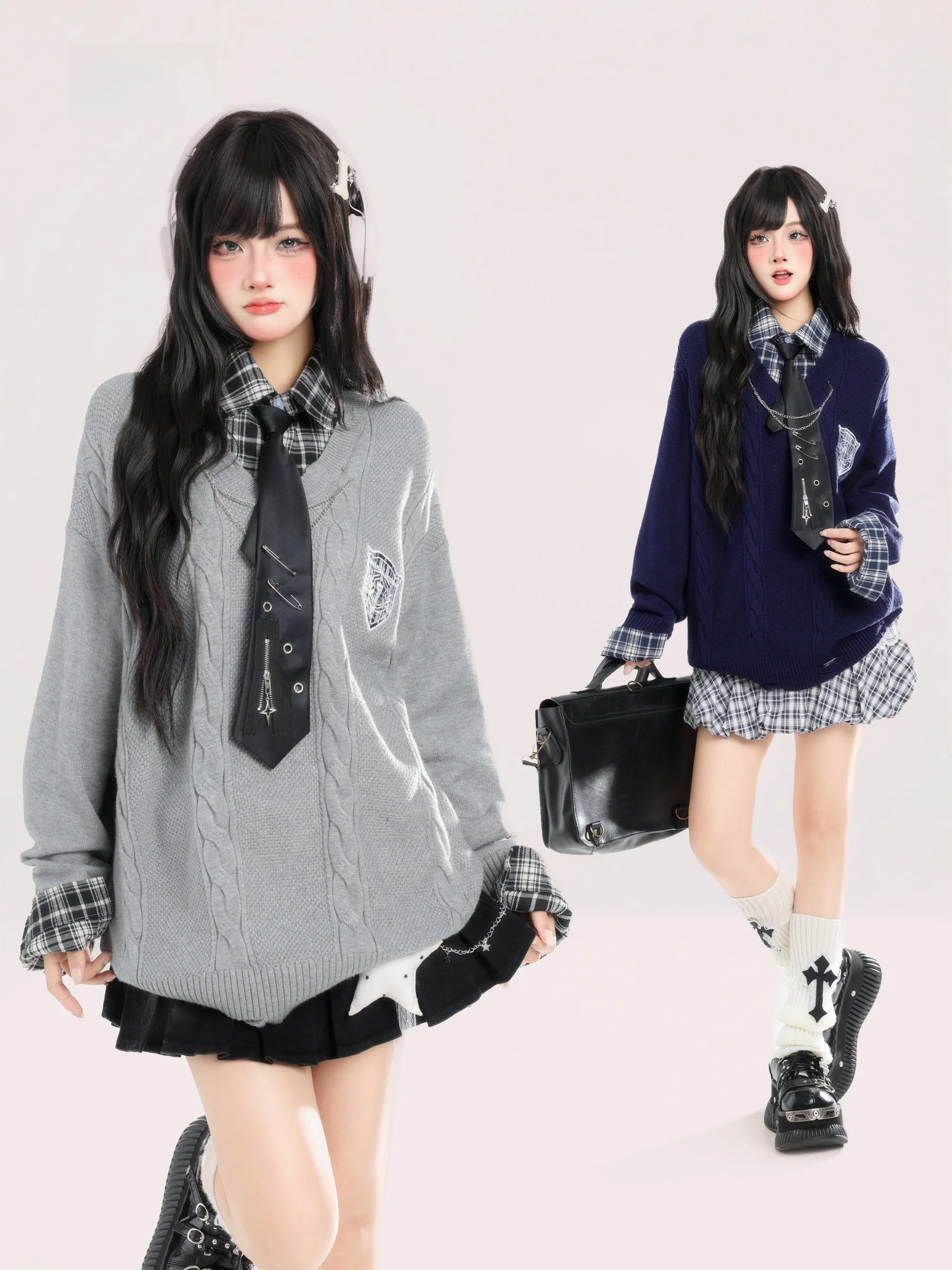 

Вязаный свитер American College Sle Ne для женщин: свободный крой, эффект похудения, весенний сезон, имитация двухслойности, клетчатый узор