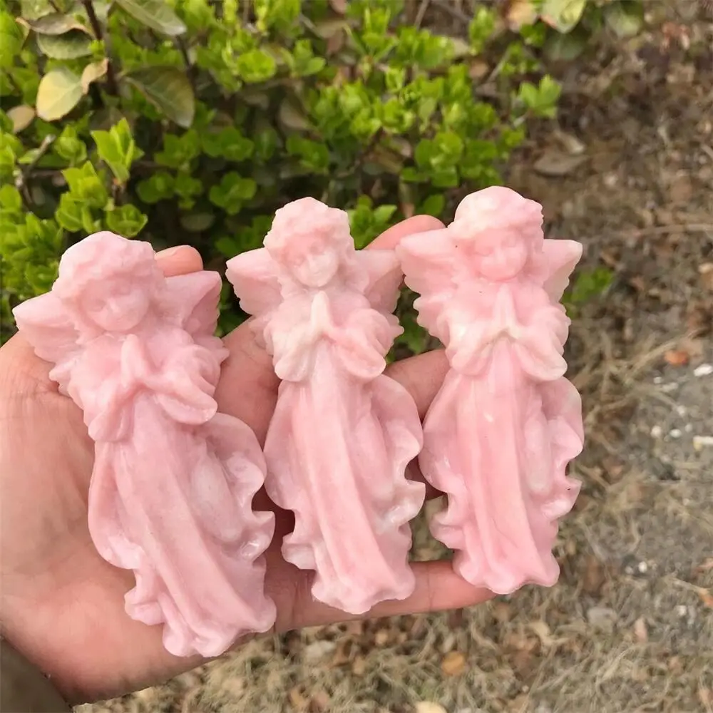 

Natural Pink Opal Angel Carving Statues Healing Fengshui Ornaments Gift Reiki Home Room Decoration 1PCS