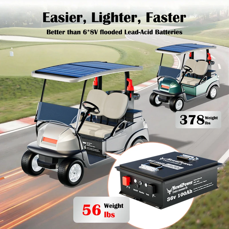 NewtiPower 36V 100Ah LiFePO4 Deep Cycle Battery for Golf Carts – 10kW Continuous Power, Built-in 200A Smart BMS, Bluetooth APP Monitoring, Fast Charger, and 10,000+ Rechargeable Life Cycles