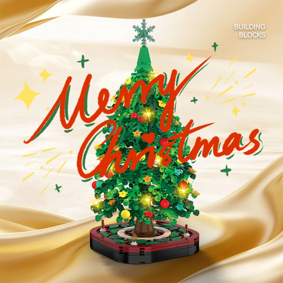 MOC Glowing Christmas Tree Model Building Blocks Set with USB Light String Desktop Ornament Assembly Bricks Toys Kids Xmas Gifts