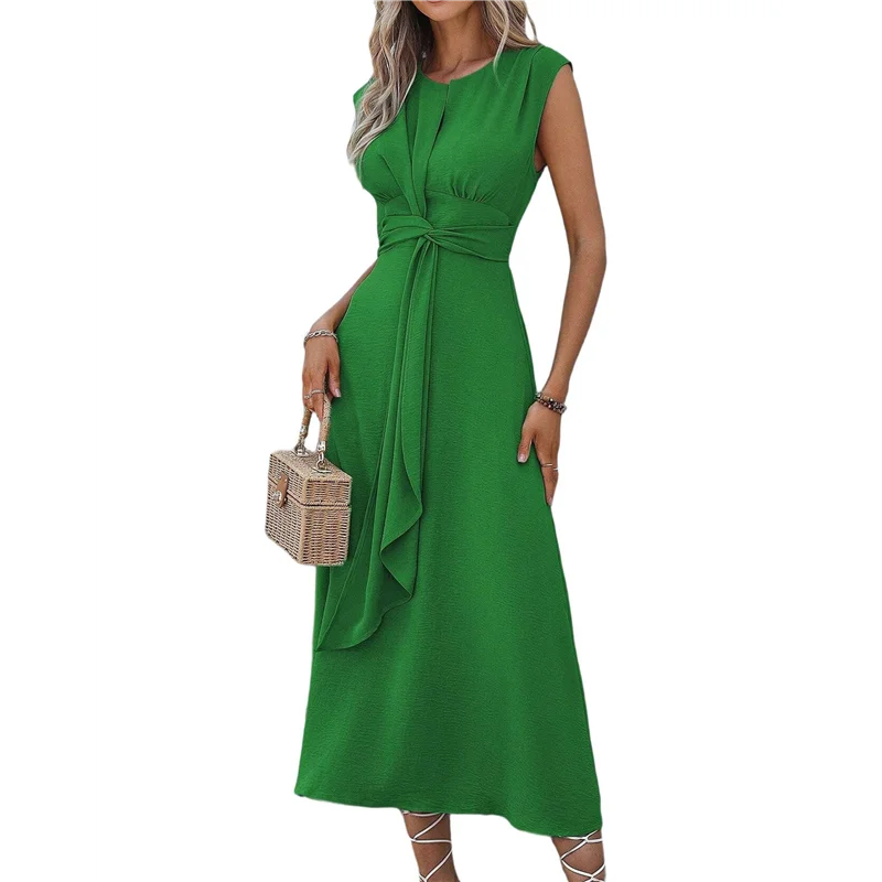 ABRT-レディース サマーカジュアル ノースリーブ Tシャツ ミディ丈ワンピース スリムフィット タイウエスト タンク ロングワンピース 2025 バケーション サンドレス