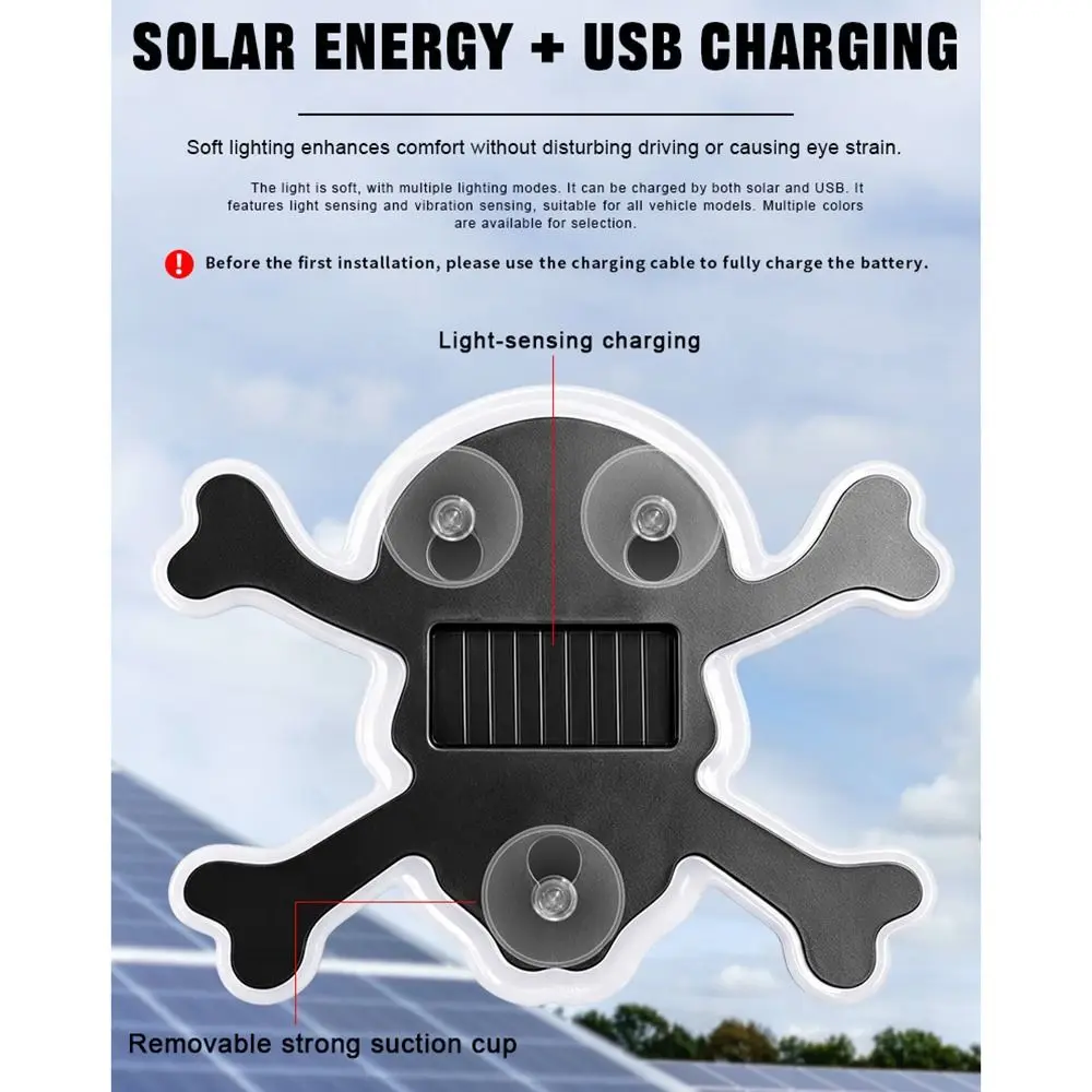 Solar Powered Skull Lamp Multicolor Light Sensing Skull Light Car Interior Decoration LED Lighting Car Window Light