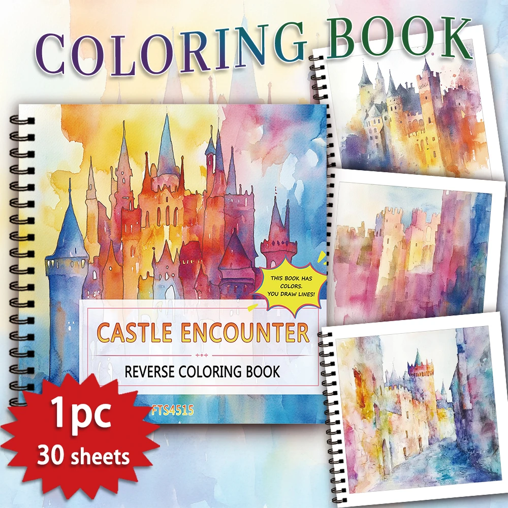 1pc Castle Reverse Coloring Book, 30 Thick Pages 100gsm, Relaxing Creative Line Activities, Perfect Gift for Family and Friends