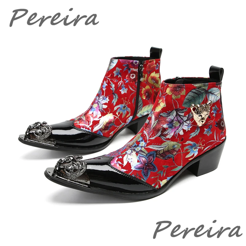 

Metal Decoration Pointed Toe Men Boots Printed Zipper Handmade Genuine Leather Ankle Boots Formal Prom Party Banquet Male Shoes