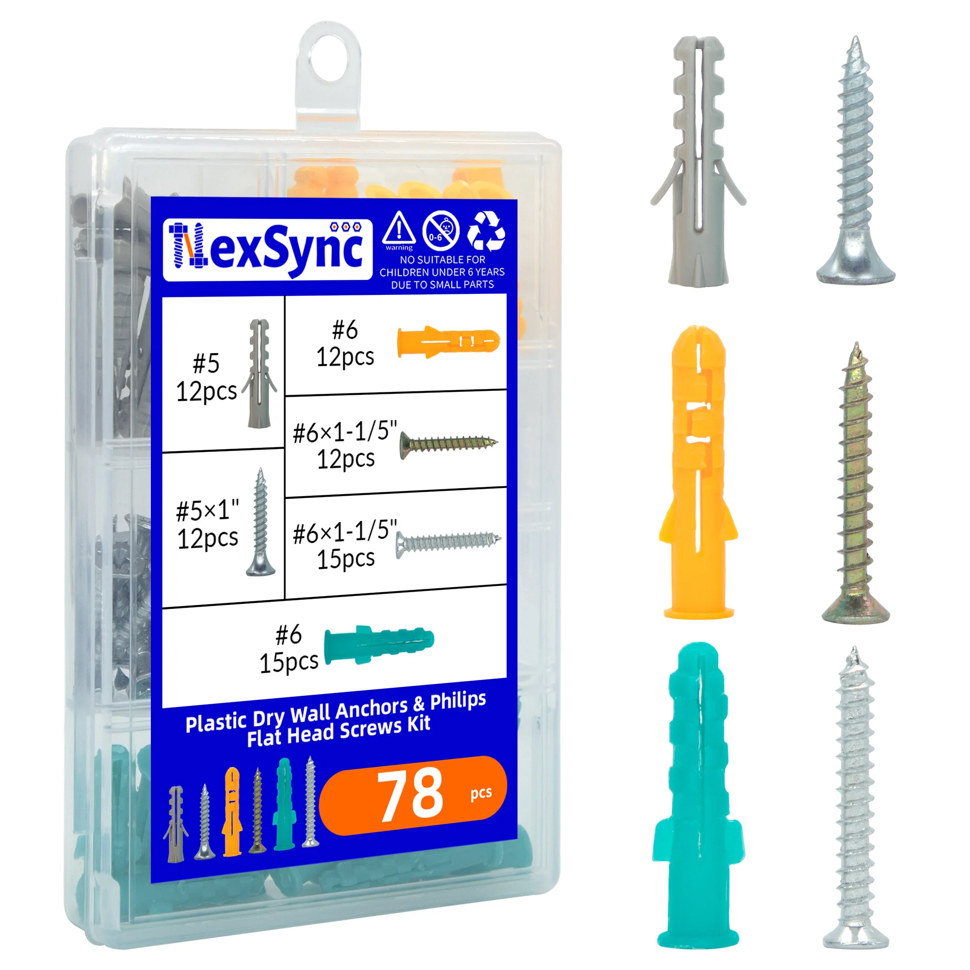 Kit com 78 peças de buchas plásticas para drywall e parafusos de cabeça Philips plana # 5 # 6, 39 fixadores de plástico para parede com 39 parafusos de cabeça plana Philips