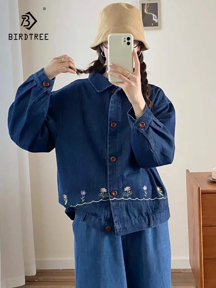 

New 2025 Autumn Long Sleeve Denim Coat, Women Turn-down Collar Embroidery, Mori Girl Vintage Age Reduction Loose Jacket C59557CC