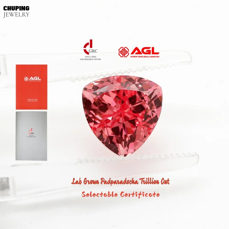 

Hot Sale Lab Grown Padparadscha Trillion Cut Czochralski Provide Certificate For Necklace Earrings Jewelry Making Loose Gemstone