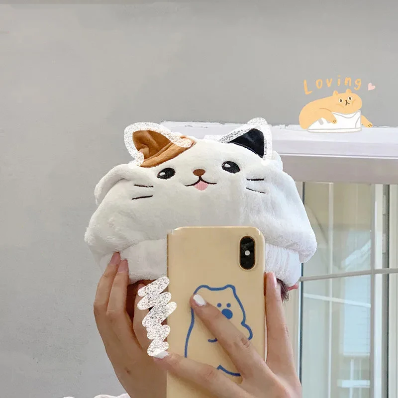 Cute Cat Kitten Kid Hair Turban Quick Dry Bath Hair Drying Towel Head Wrap Hat Cap Bathing Tool Cat Ears Pattern Hooded Towels