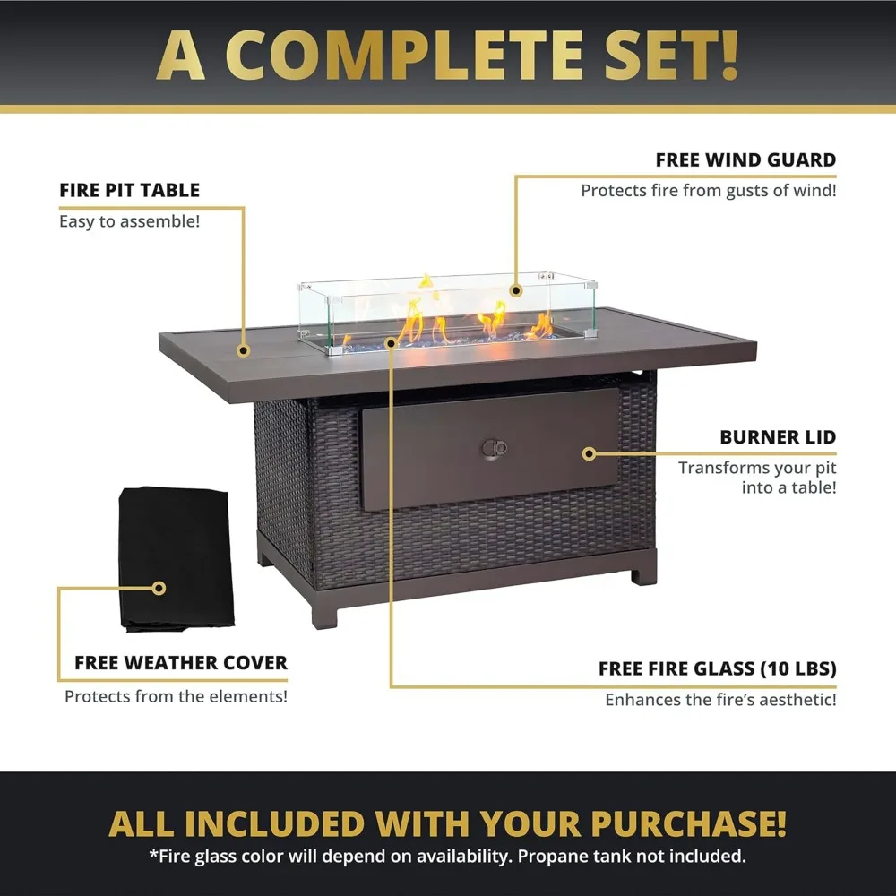 52-Inch Propane Gas Fire Pit Table ,with Rectangular Aluminum Frame, 50,000 BTU Outdoor Patio Firepit, Rattan Fire Table