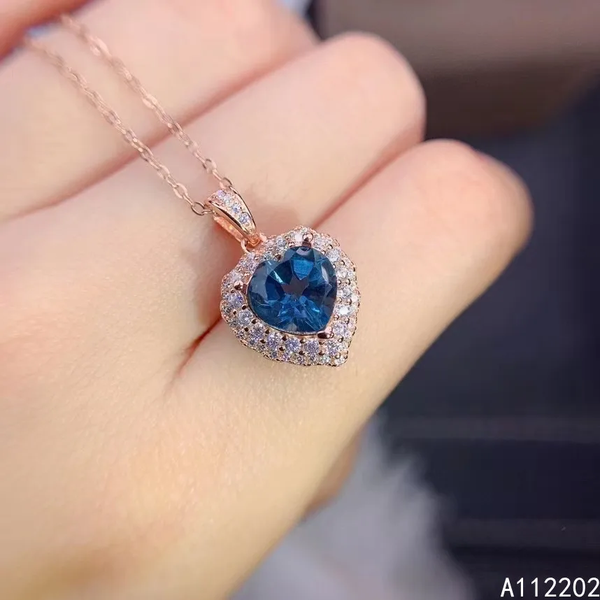 

Popular Natural Topaz 925 Sterling Silver Inlaid Blue Gemstone Pendant Women's Necklace Heart Wedding Party Gift Jewelry Support