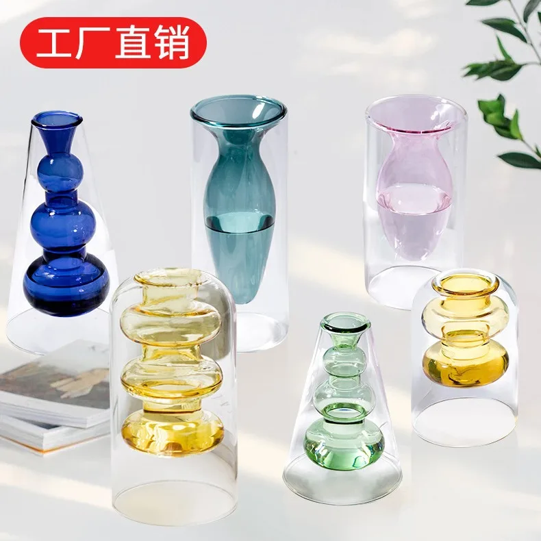 Double-layer Colored Glass Vase. Nordic-inspired Rattan Aromatherapy Bottle. Blue High-boron-silica Decor. Flower Water Pot