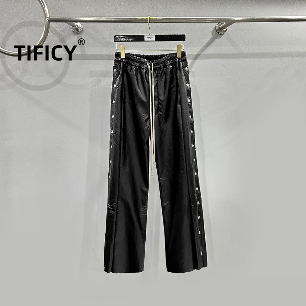 

TIFICY High Street Fashion Pants Men's Personalized Dark Style High Street Buckle Design with Glossy Coated Leather Casual Pants