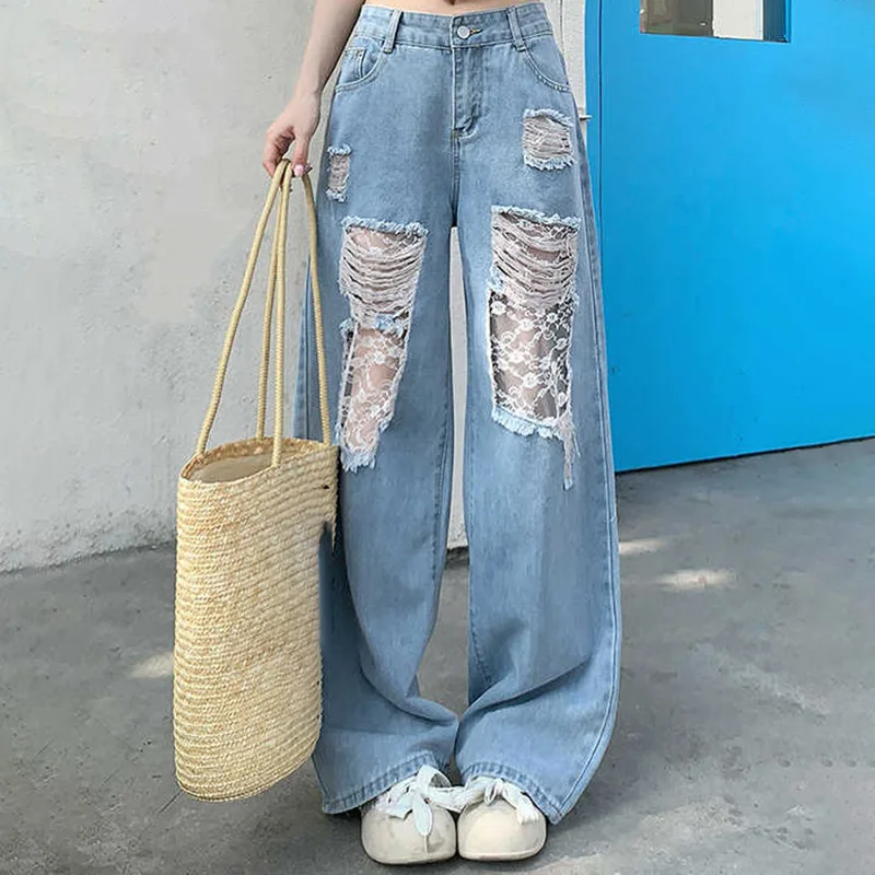 Épissure dentelle trou Denim pantalon femmes été mince Style américain rétro jambe large jean droit surdimensionné taille haute pantalon