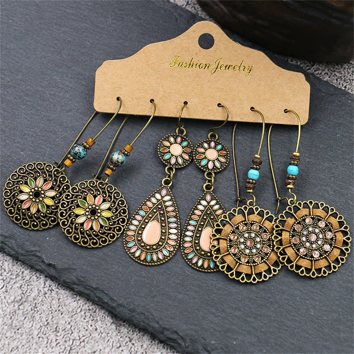 Boho Ethnic Vintage Geometric Earrings Set For Women Fashion Hollow Metal Waterdrop Round Leaf Tassel Drop Earring Party Jewelry