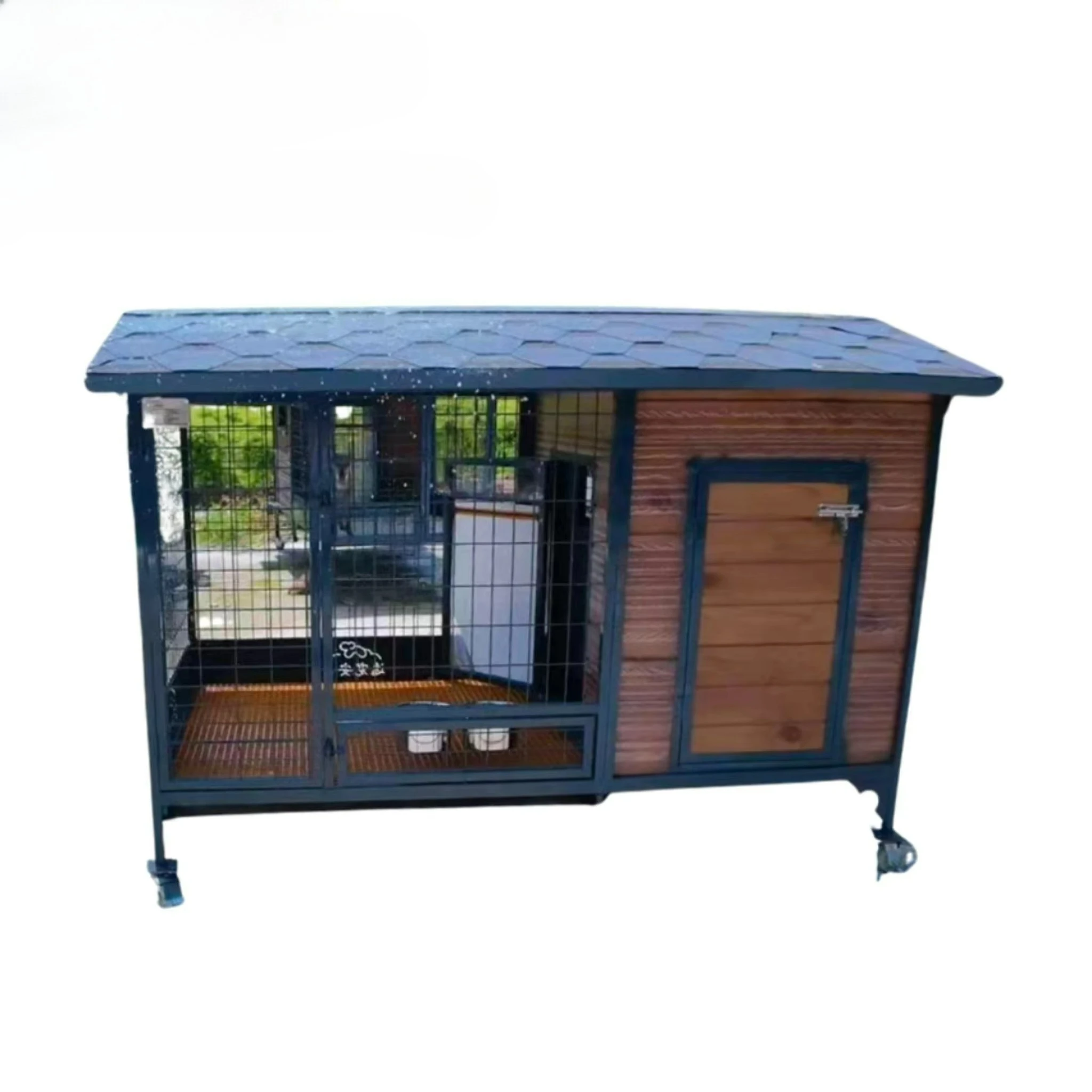 

Modern Wooden Dog Kennel Double Doors Waterproof Iron Roof Indoor Dog Crate Furniture Cushion Heavy Duty Pet Bed for